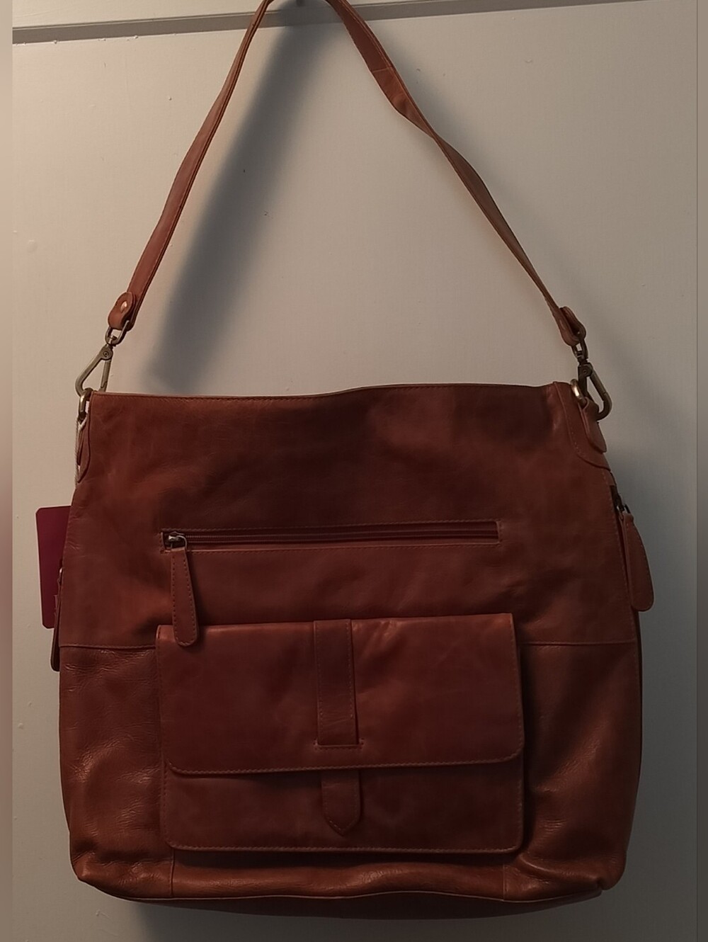 Large, Tote Size, Women's Cognac Leather Shoulder Bag with Front Pockets